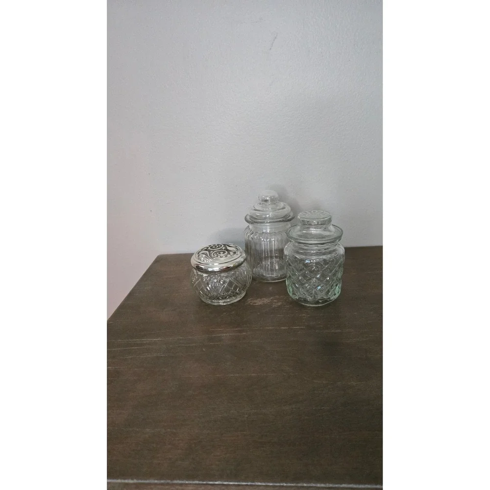 Vintage Clear Glass Vanity Jar Lot Lidded Apothecary Bathroom Canisters set of 3